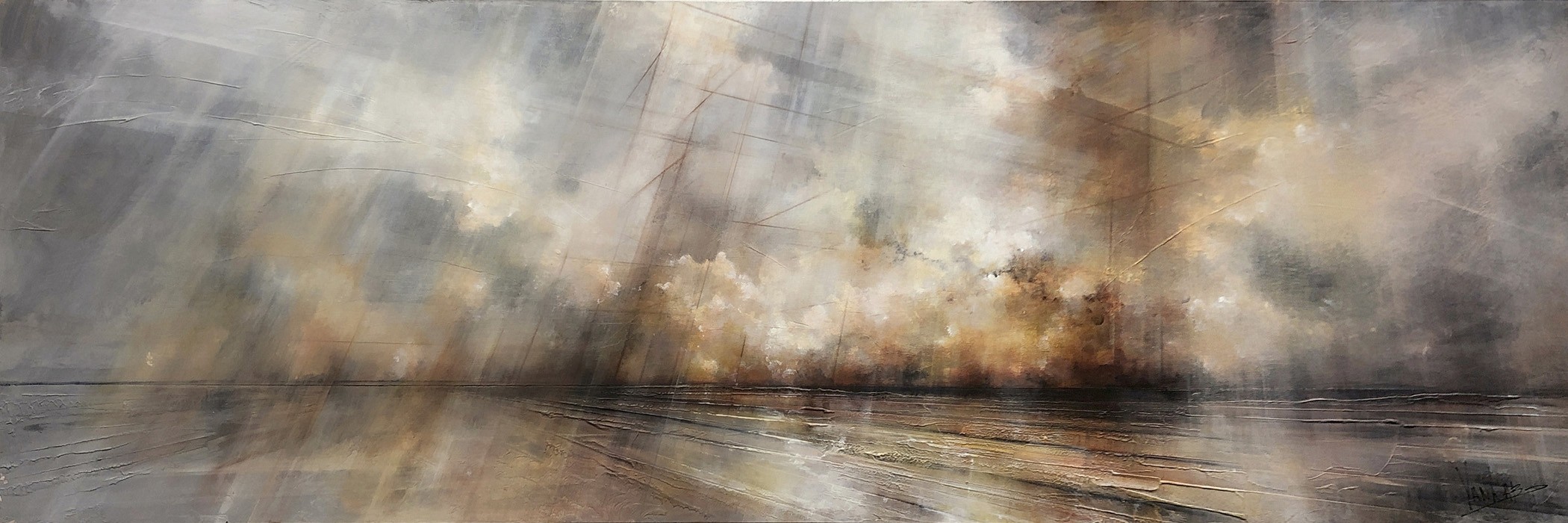 Élévation VI, #0184, de l'artiste Yan Laboissonnière, Techniques mixtes sur bois , Création unique, Format de l'oeuvre : 16 x 48 pouces de largeur