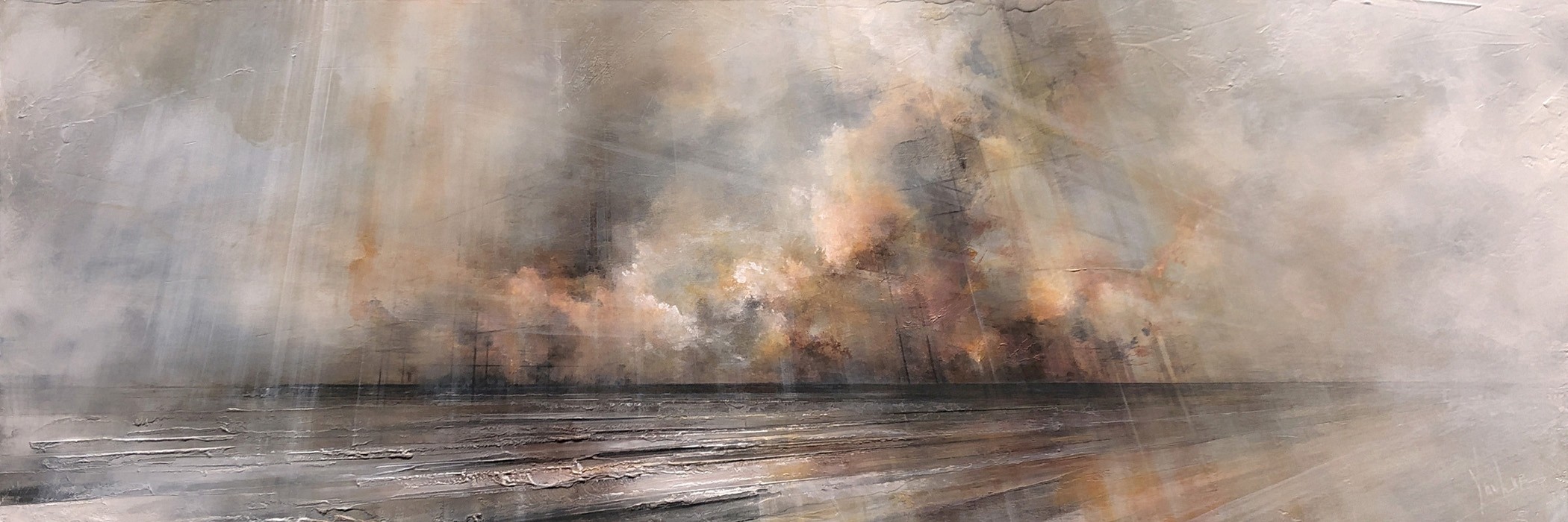 Élévation VIII, #0187, de l'artiste Yan Laboissonnière, Techniques mixtes sur bois , Création unique, Format de l'oeuvre : 16 x 48 pouces de largeur