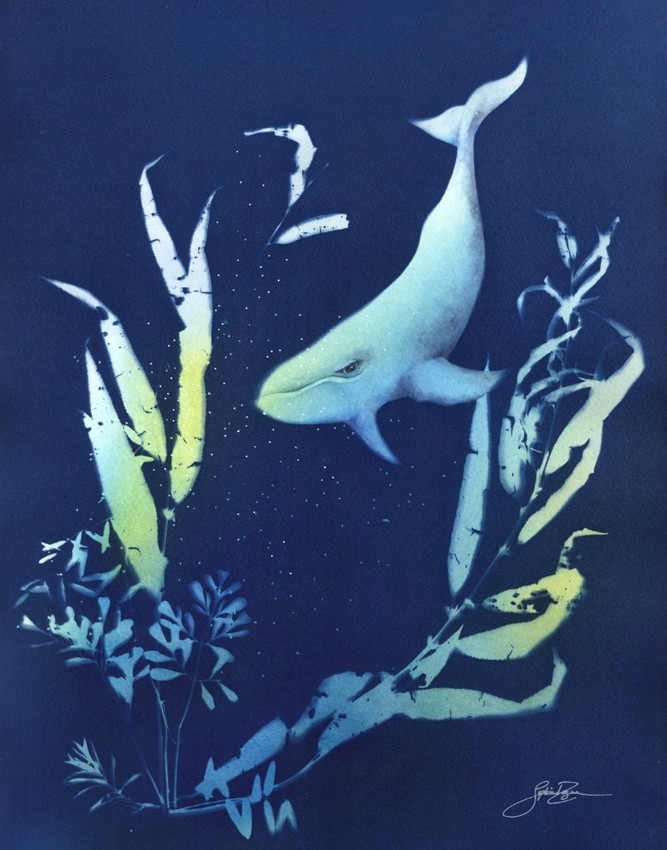 L'écho des profondeurs, de l'artiste Sophie Rozenn Boucher, Medium Cyanotype et aquarelle sur papier de coton, marouflé sur bois, Création unique, Format de l'oeuvre : 14 x 11 pouces de largeur