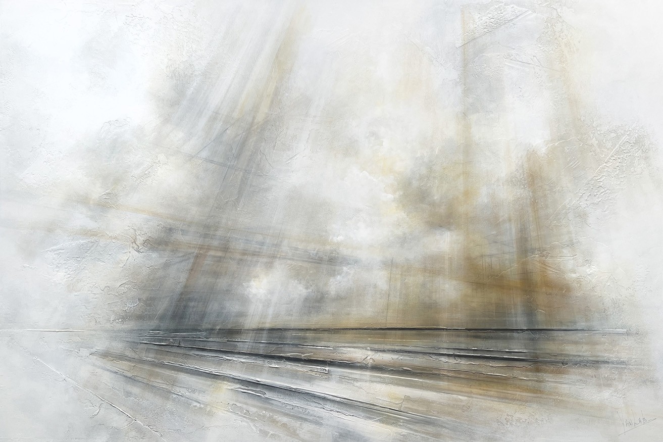 Horizon IV, #0220, de l'artiste Yan Laboissonnière, Techniques mixtes sur bois, Création unique, Format de l'oeuvre : 32 x 48 pouces de largeur