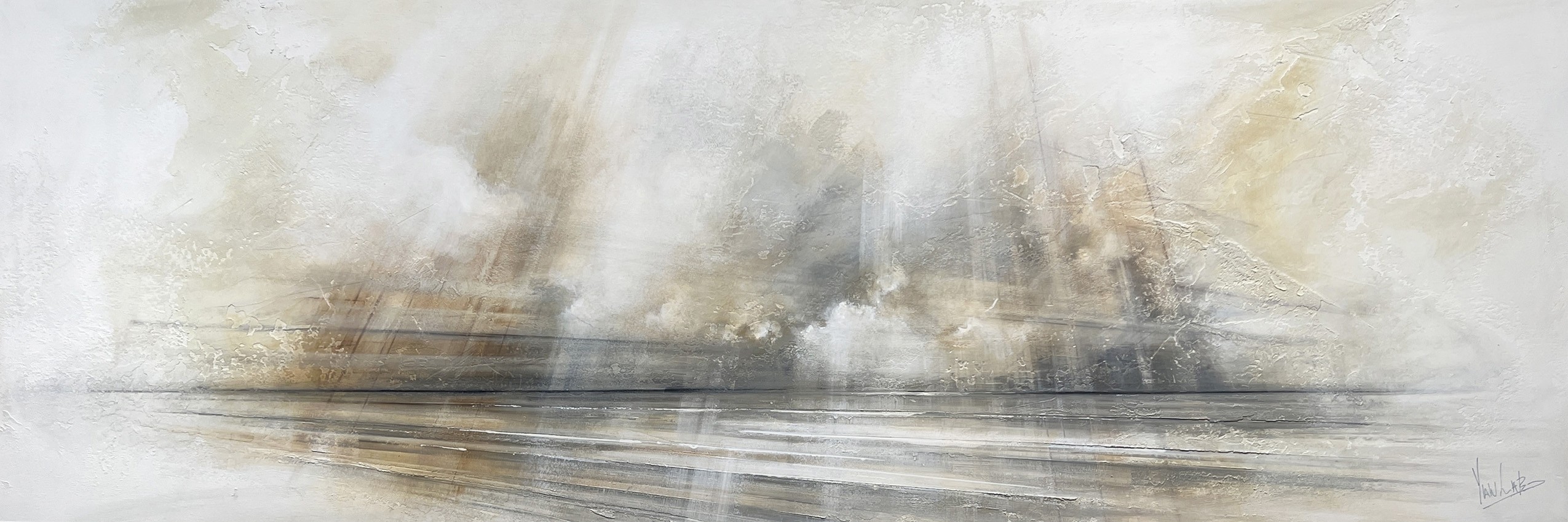 Horizon V, #0221, de l'artiste Yan Laboissonnière, Techniques mixtes sur bois, Création unique, Format de l'oeuvre : 20 x 60 pouces de largeur