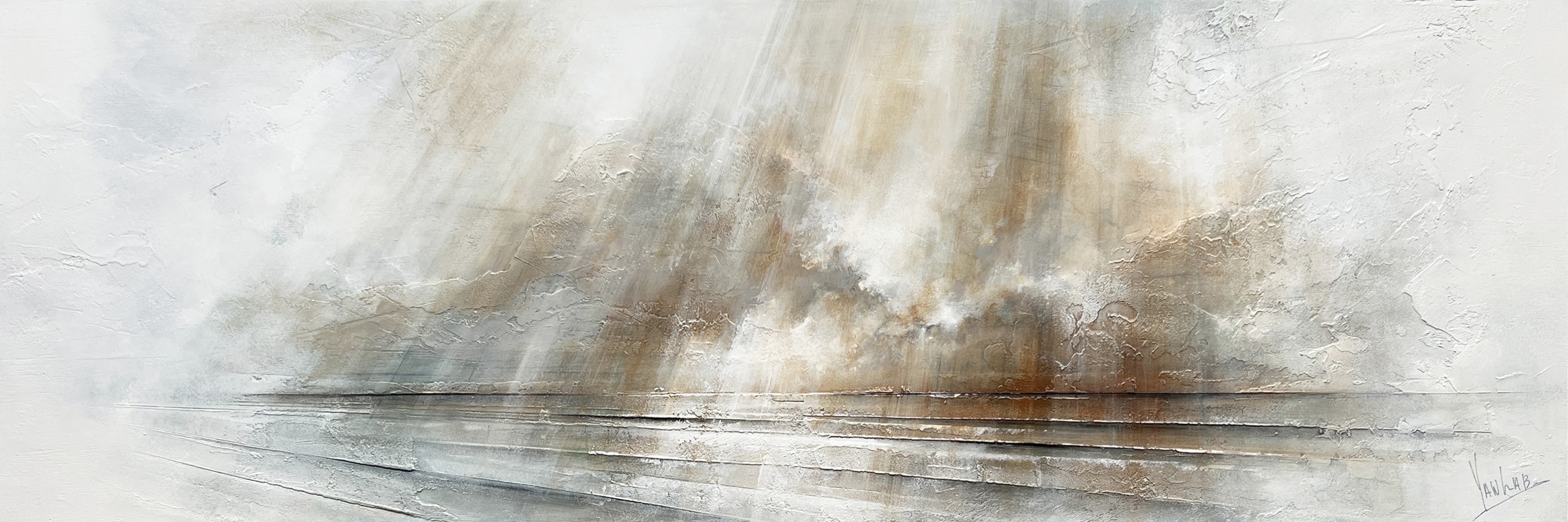 Second Mirage, #0225, de l'artiste Yan Laboissonnière, Techniques mixtes sur bois, Création unique, Format de l'oeuvre : 16 x 48 pouces de largeur