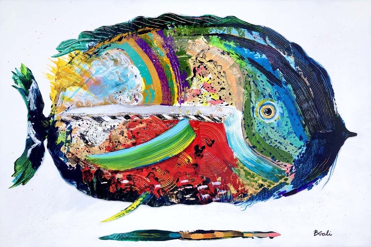 L'Éclatante en eaux vives, de l'artiste Brigitte Galipeau - BGALI, Tableau, Mixtes sur toile galerie, Dimension : 24 x 36 pouces de largeur