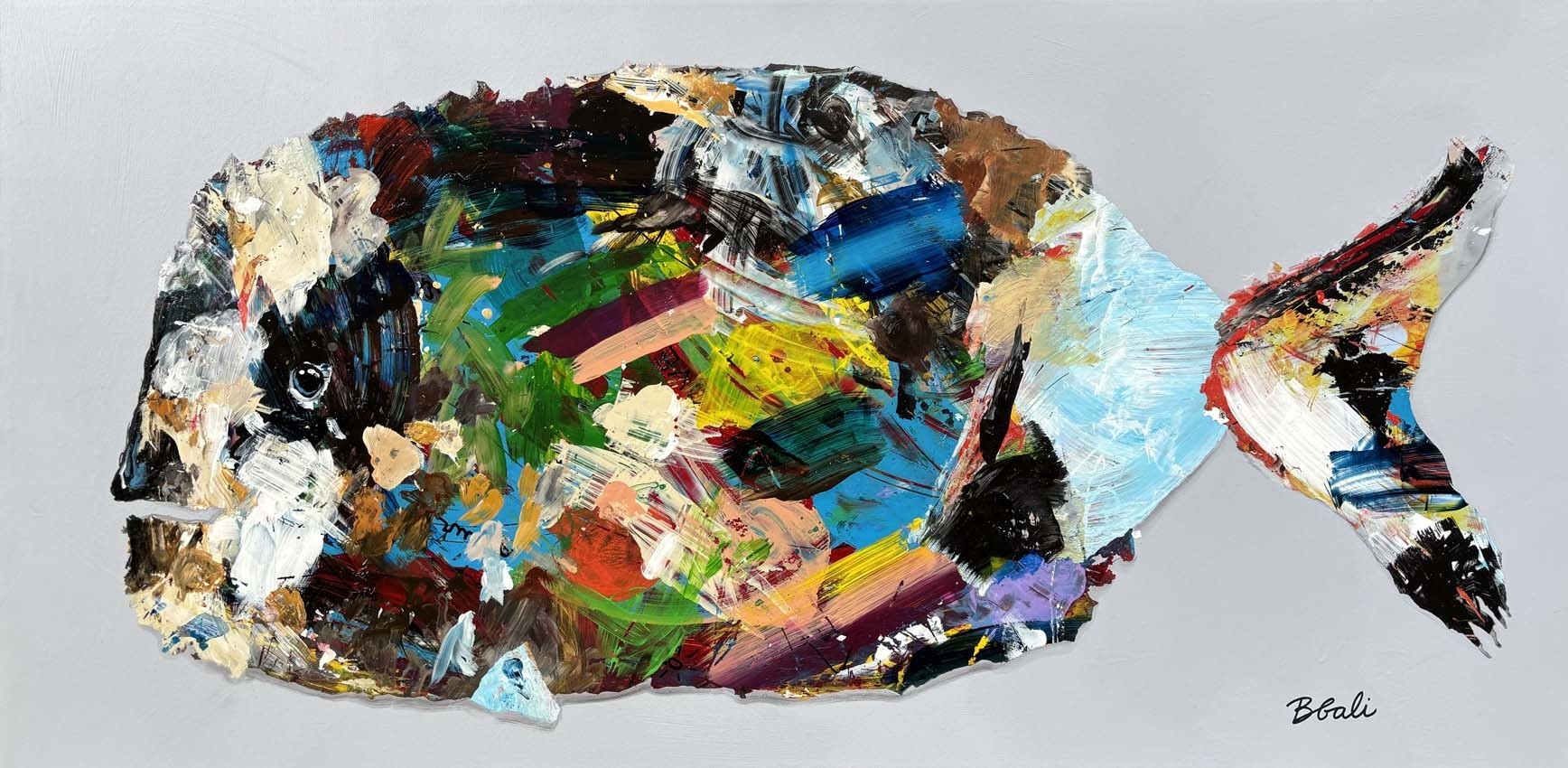 Love fish, de l'artiste Brigitte Galipeau - BGALI, Tableau, Mixtes sur toile galerie, Dimension : 18 x 36 pouces de largeur