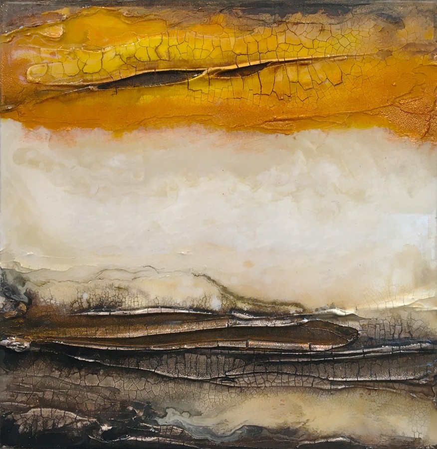 Lueur, no 572, de l'artiste Isabel Picard, Techniques mixtes sur bois, Création unique, dimension : 12 x 12 po de largeur