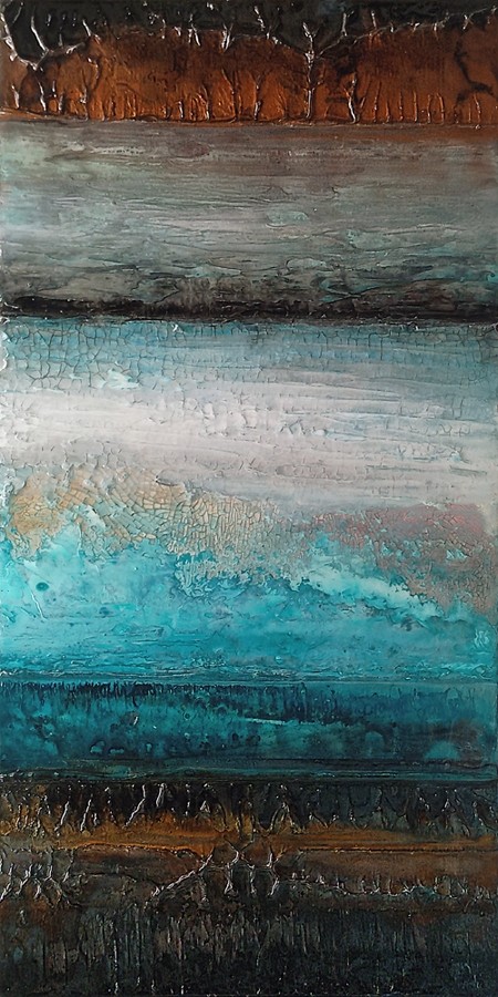 Résistance, no 644, de l'artiste Isabel Picard, Techniques mixtes sur bois, Création unique, dimension : 16 x 32 po ou 32 x 16 po de largeur