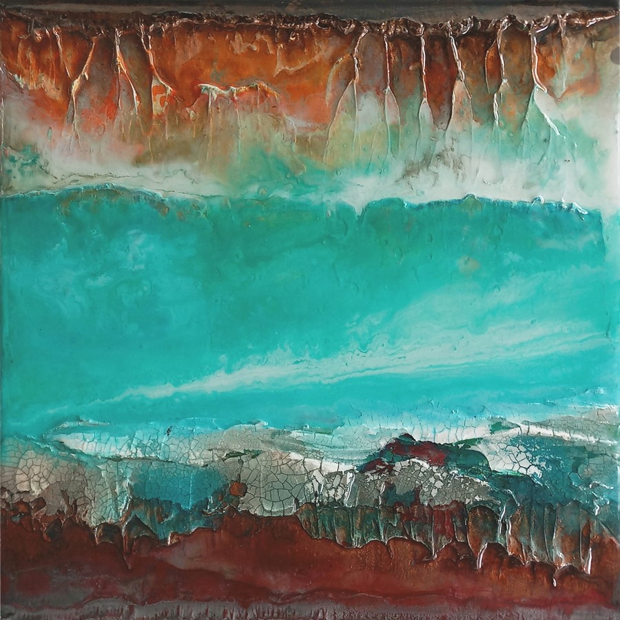 Contrée, no 649, de l'artiste Isabel Picard, Techniques mixtes sur bois, Création unique, dimension : 12 x 12 po de largeur, vue 2