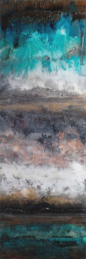 Terra Nostra VII, no 674, de l'artiste Isabel Picard, Techniques mixtes sur bois, Création unique, dimension : 16 x 48 po de largeur