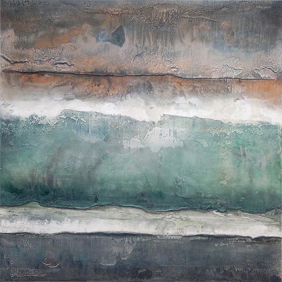 Diffusion, no 697, de l'artiste Isabel Picard, Techniques mixtes sur bois, Création unique, dimension : 32 x 32 po de largeur