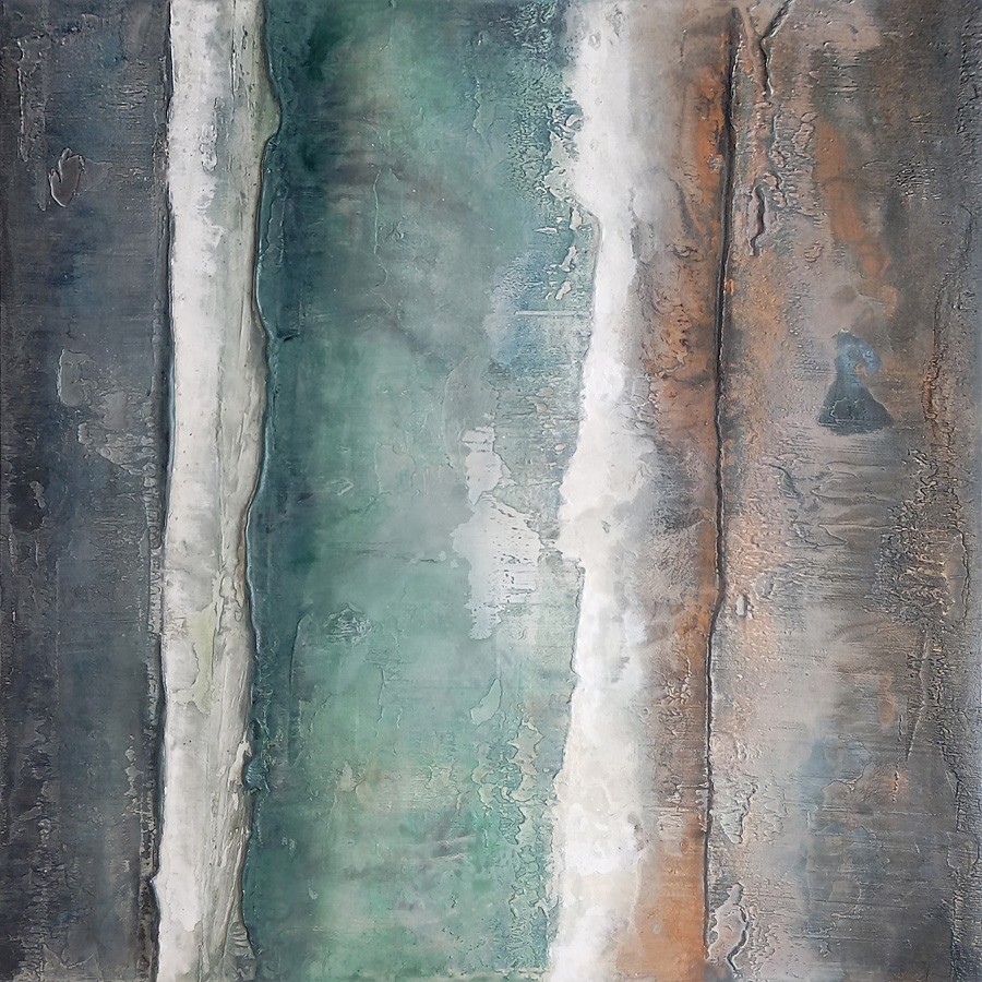 Diffusion, no 697, de l'artiste Isabel Picard, Techniques mixtes sur bois, Création unique, dimension : 32 x 32 po de largeur, vue 2