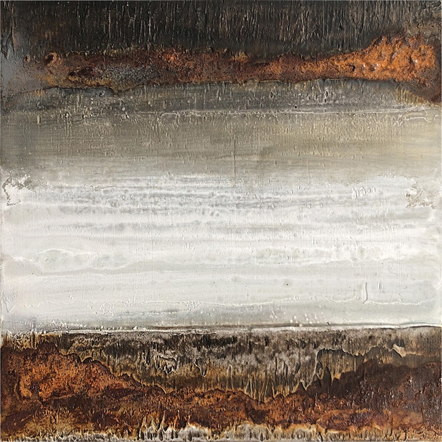 Matière, no 747, de l'artiste Isabel Picard, Techniques mixtes sur bois, Création unique, dimension : 16 x 16 po de largeur, vue horizontale-2