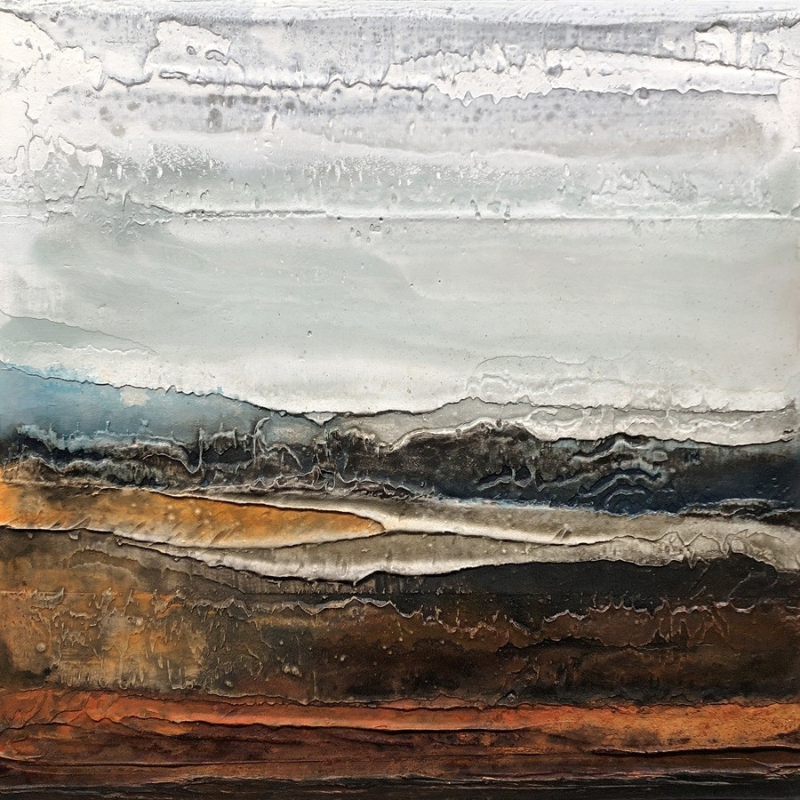 Horizon, no 748, de l'artiste Isabel Picard, Techniques mixtes sur bois, Création unique, dimension : 16 x 16 po de largeur