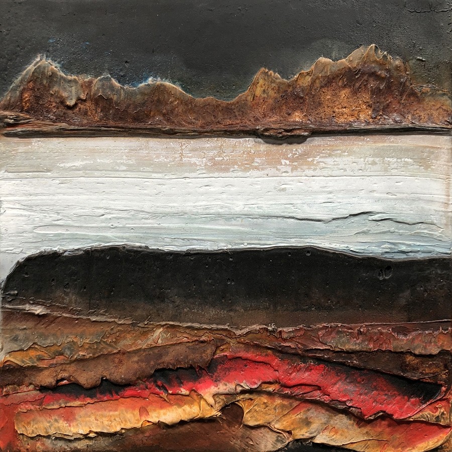 Horizon II, no 749, de l'artiste Isabel Picard, Techniques mixtes sur bois, Création unique, dimension : 16 x 16 po de largeur