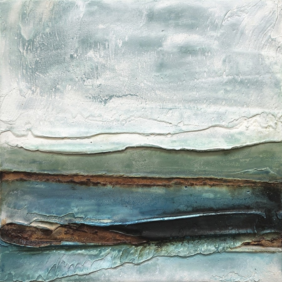 Horizon VII, no 760, de l'artiste Isabel Picard, Techniques mixtes sur bois, Création unique, dimension : 12 x 12 po de largeur