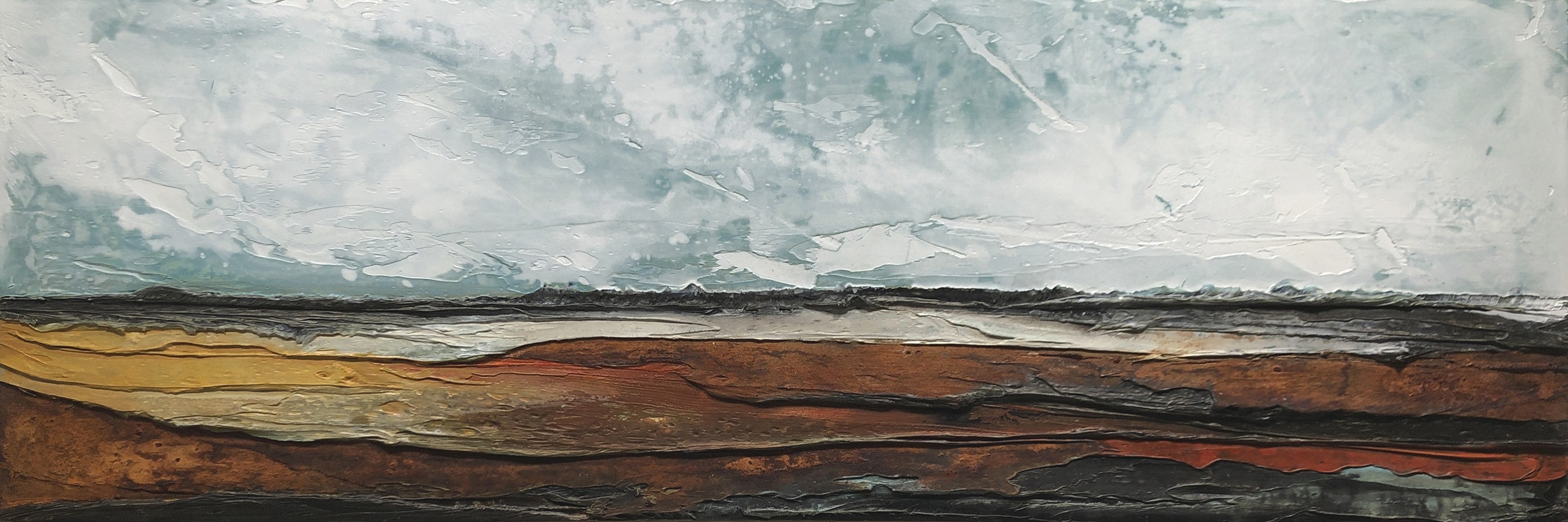 Horizon X, no 763, de l'artiste Isabel Picard, Techniques mixtes sur bois, Création unique, dimension : 20 x 60 po de largeur