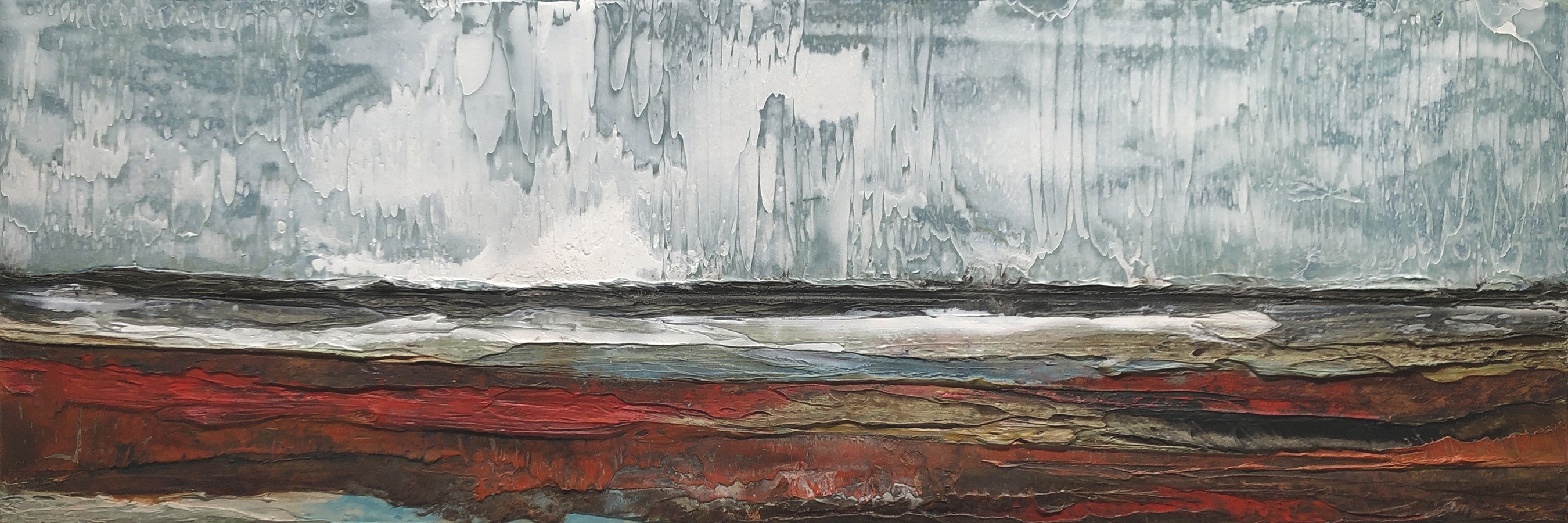 Horizon XI, no 764, de l'artiste Isabel Picard, Techniques mixtes sur bois, Création unique, dimension : 20 x 60 po de largeur