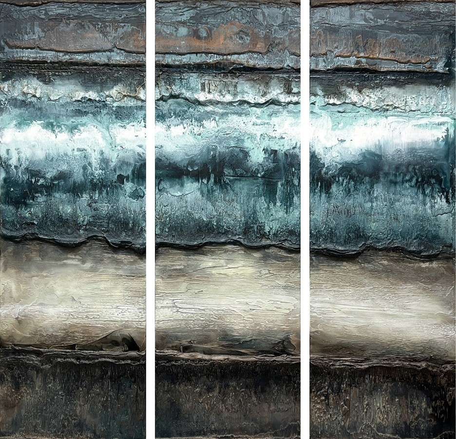 Marée givrée, no 769 (triptyque), de l'artiste Isabel Picard, Techniques mixtes sur bois, Création unique, dimension : 48 x 48 po de largeur