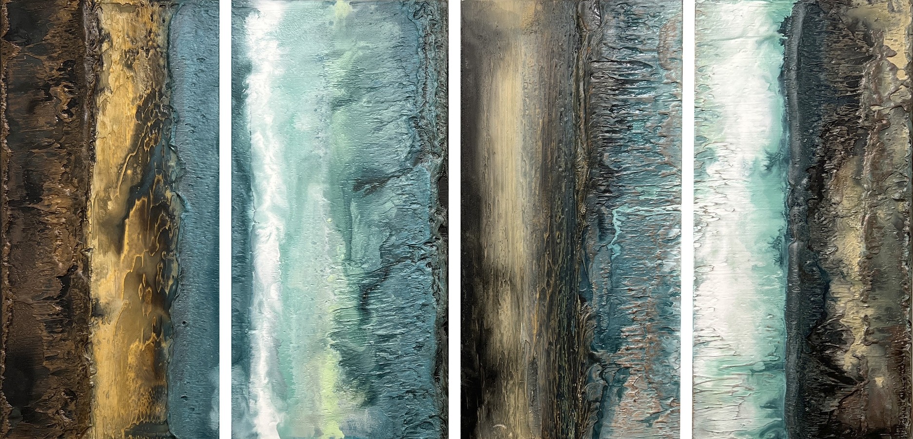 Évasion maritime, no 770 (quadriptyque), de l'artiste Isabel Picard, Techniques mixtes sur bois, Création unique, dimension : 32 x 64 po de largeur