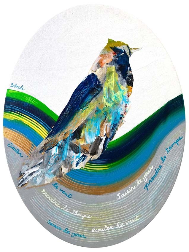 Prendre le temps, de l'artiste Brigitte Galipeau - BGALI, Tableau, Mixtes sur toile ovale régulière, Dimension : 16 x 12 pouces de largeur