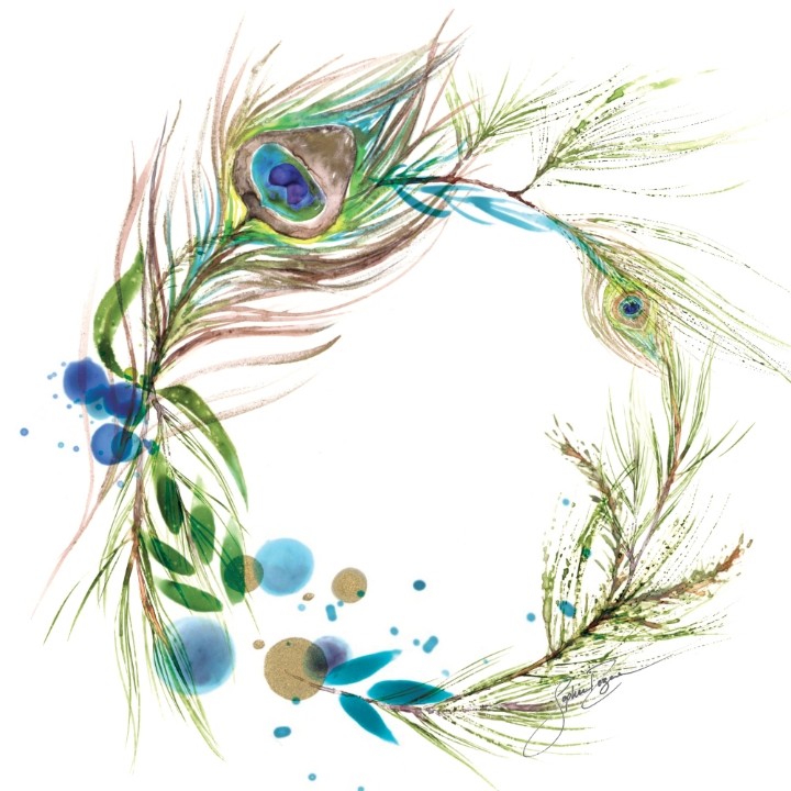 Carte de souhaits 5x5, -- Couronne, Plumes de paon --, de l'artiste Sophie Rozenn Boucher, dimension : 5 x 5 pouces largeur, sans texte, avec enveloppe  Vous pouvez inscrire votre message à l'intérieur.  Carte vendue à l'unité