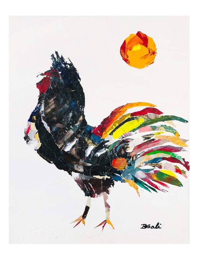 13-Carte de souhaits 5x4, -- Le Coq --, de l'artiste Brigitte Galipeau BGALI, dimension : 5.5 x 4.25 pouces largeur, sans texte, avec enveloppe  Vous pouvez inscrire votre message à l'intérieur.  Carte vendue à l'unité