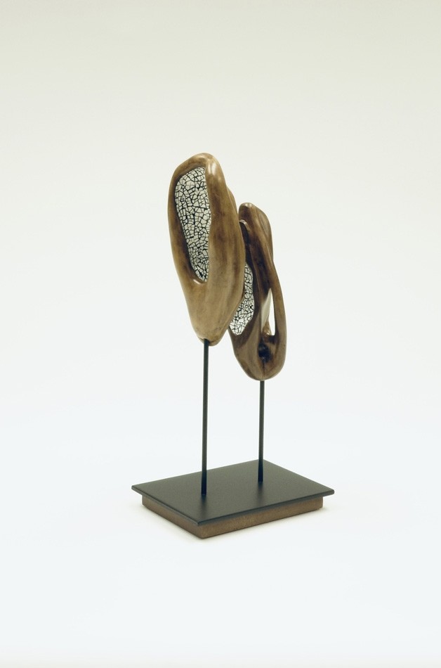 Congénitalité, de l'artiste Christianne Hamel, Sculpture, matière : Merisier - Métal - Coquilles d'oeuf, Technique : Taille directe, Création unique, dimension : 20 x 46 x 15 cm