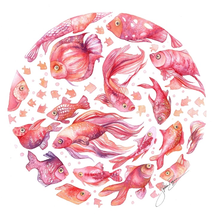 Carte de souhaits 5x5, -- La ronde des poissons rouges --, de l'artiste Sophie Rozenn Boucher, dimension : 5 x 5 pouces largeur, sans texte, avec enveloppe  Vous pouvez inscrire votre message à l'intérieur.  Carte vendue à l'unité