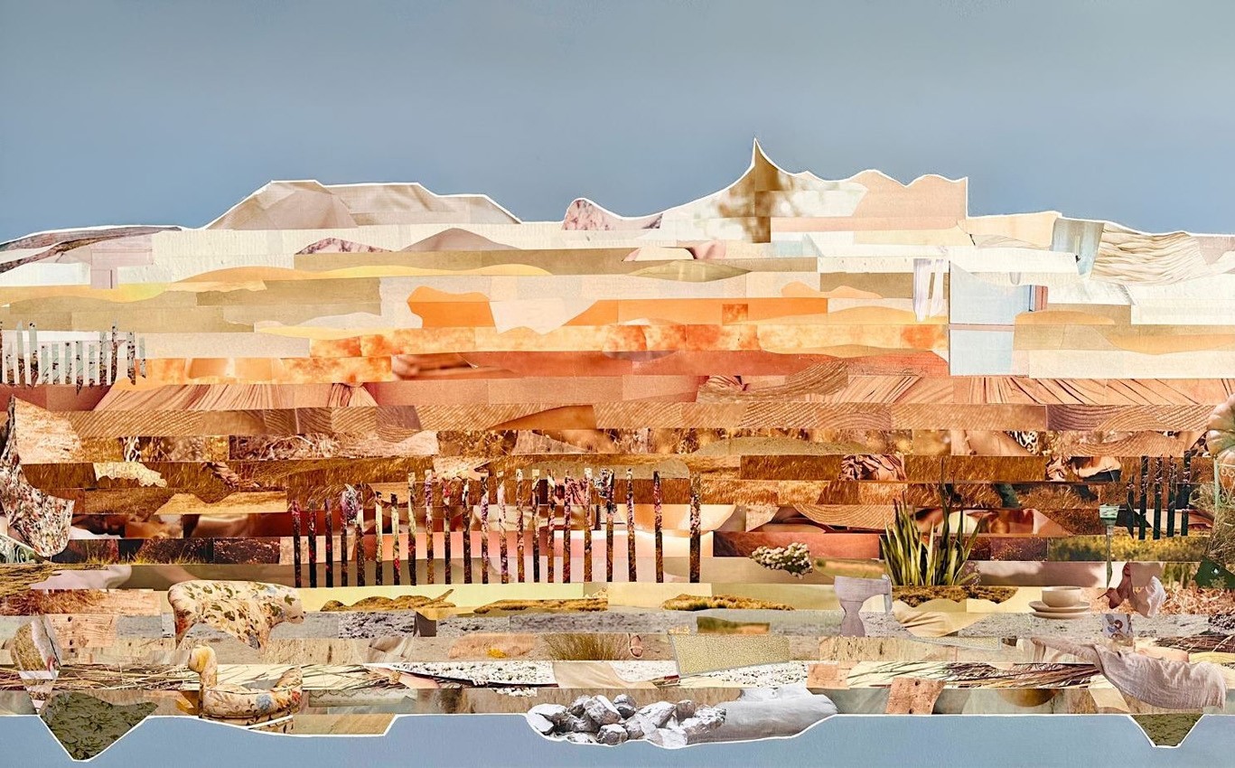 Habiter Nature, de l'artiste Patricia Doucet, Tableau, Collage et acrylique sur toile, Création unique, dimension : 30 x 48 po de largeur