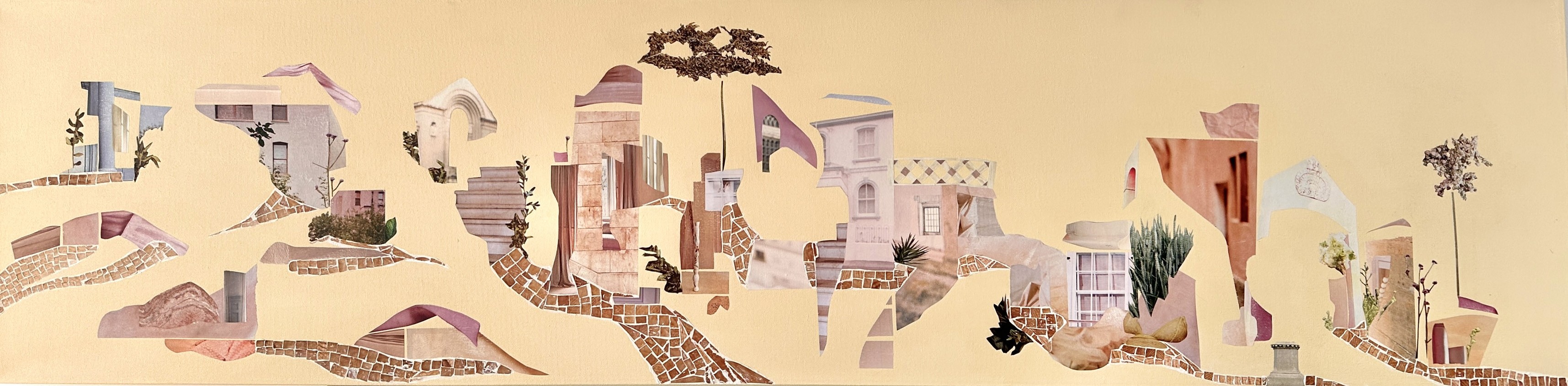 Les chemins d'Agueda, de l'artiste Patricia Doucet, Tableau, Collage et acrylique sur toile, Création unique, dimension : 12 x 60 po de largeur