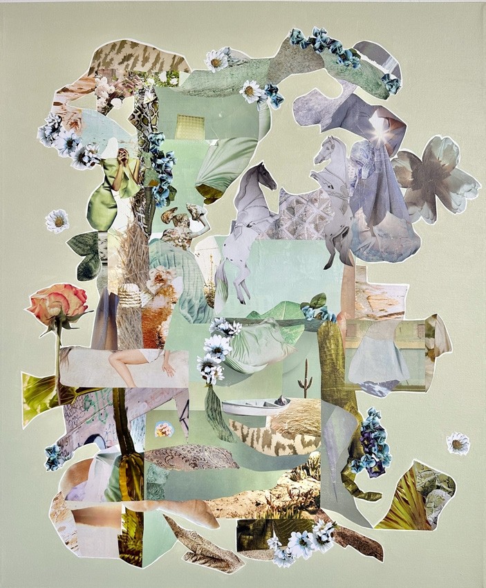 Carrousel, de l'artiste Patricia Doucet, Tableau, Collage et acrylique sur toile, Création unique, dimension : 36 x 30 po de largeur