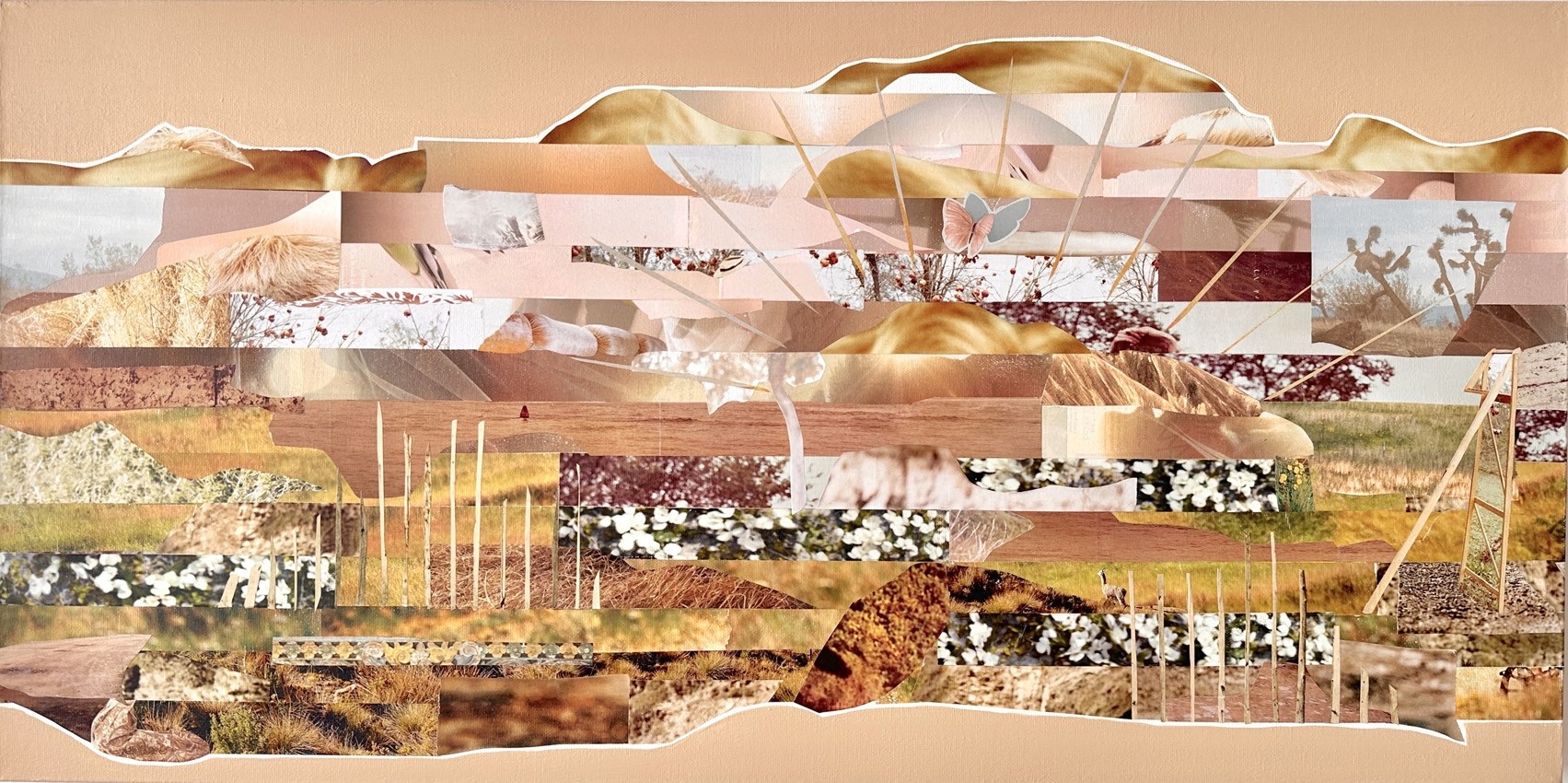 Habiter Nature II, de l'artiste Patricia Doucet, Tableau, Collage et acrylique sur toile, Création unique, dimension : 15 x 30 po de largeur