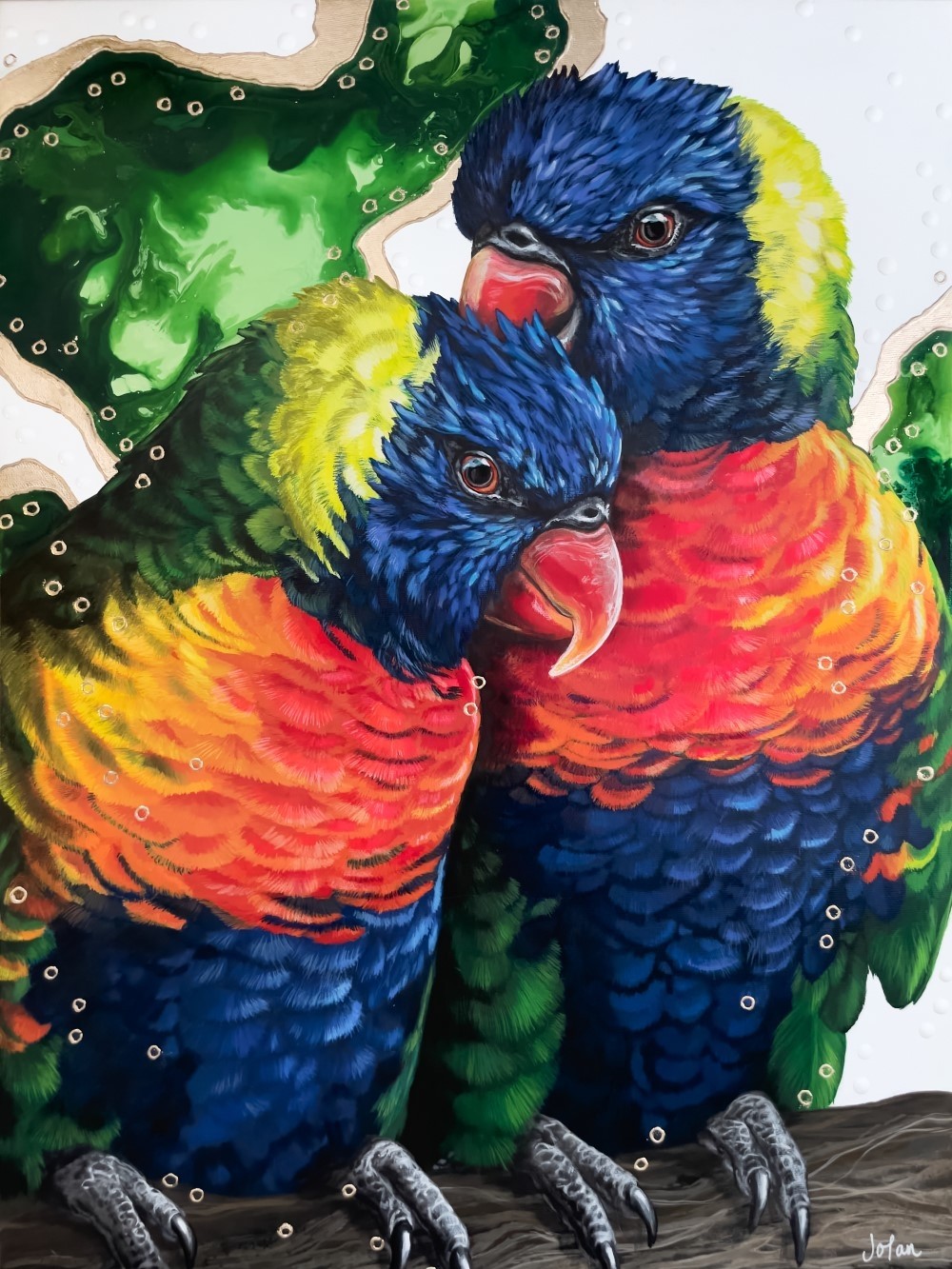 Quand l'amour touche l'arc-en-ciel, de l'artiste Joannie Langlois, Tableau, Acrylique, feuille d'or véritable 23.75 K, sur toile galerie, Création unique, dimension : 24 x 18 po de largeur