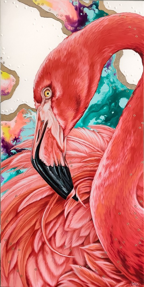 Ouh la la !, de l'artiste Joannie Langlois, Tableau, Acrylique, feuille d'or véritable 23.75 K, sur toile galerie, Création unique, dimension : 36 x 18 po de largeur