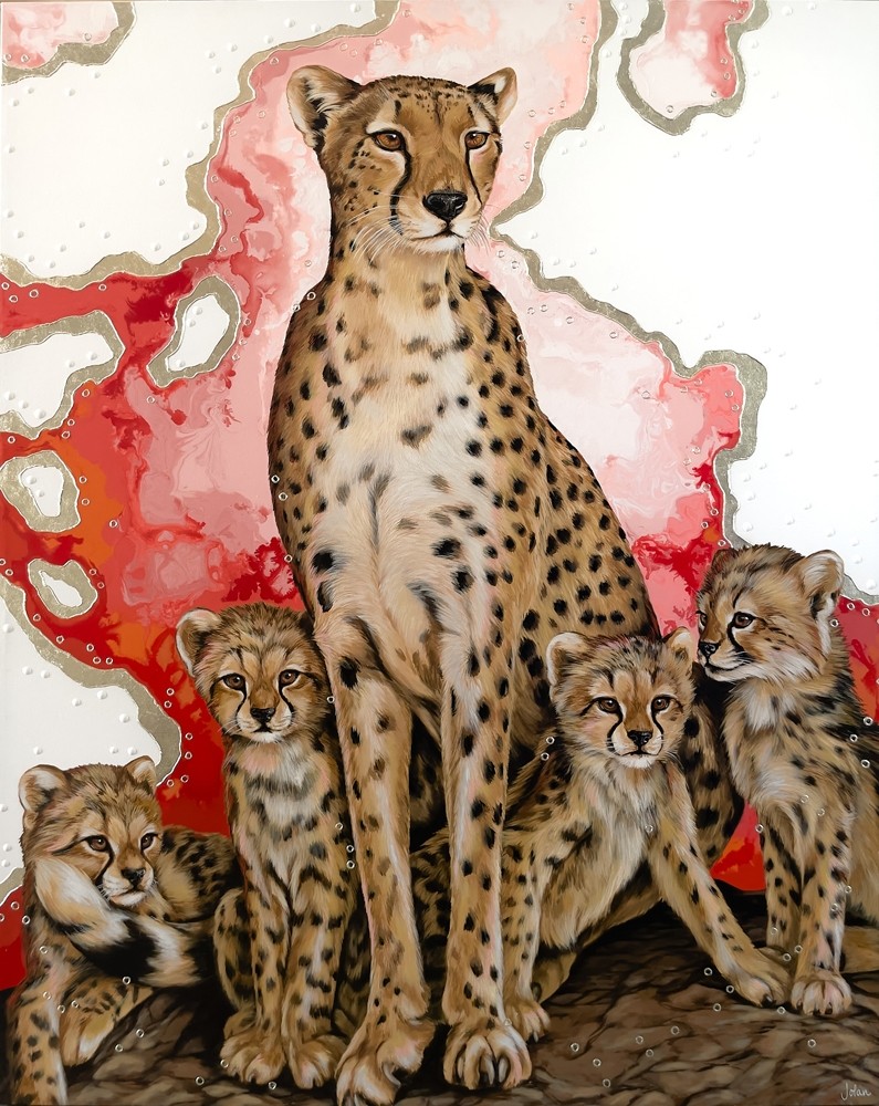 Retrouve-moi au coeur de la savane, de l'artiste Joannie Langlois, Tableau, Acrylique, feuille d'or véritable 13.5 K, sur toile galerie, Création unique, dimension : 40 x 32 po de largeur