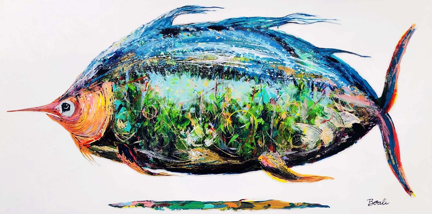 L'Explorateur, de l'artiste Brigitte Galipeau - BGALI, Tableau, Mixtes sur toile galerie, Dimension : 24 x 48 pouces de largeur