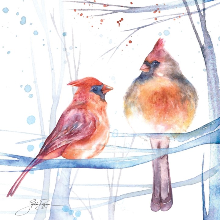Carte de souhaits 5x5, -- Chanson d'hiver --, de l'artiste Sophie Rozenn Boucher, dimension : 5 x 5 pouces largeur, sans texte, avec enveloppe  Vous pouvez inscrire votre message à l'intérieur.  Carte vendue à l'unité