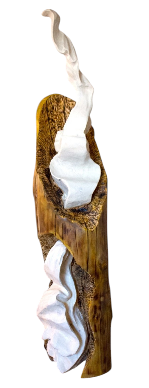 Écharpe, de l'artiste Bernard Hamel, Sculpture, bois épinette, Création unique, dimension : 64 1/2 po hauteur x 13 po x 13 po