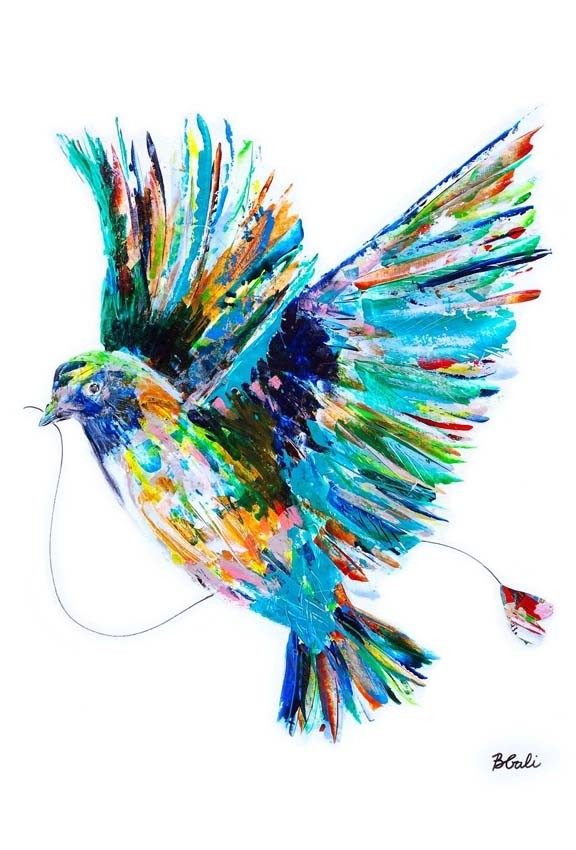 D-Carte de souhaits 7x4, -- Le messager --, de l'artiste Brigitte Galipeau BGALI, dimension : 7.25 x 4.5 pouces largeur, sans texte, avec enveloppe  Vous pouvez inscrire votre message à l'intérieur.  Carte vendue à l'unité