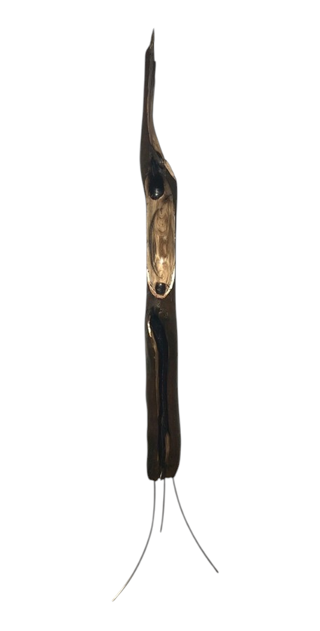 Épave, no 7, de l'artiste Bernard Hamel, Sculpture, Érable et acier inoxidable, dimension : 48.75 po hauteur x 12 po x 9 po, vue A