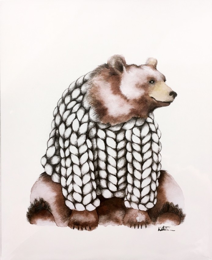 Affiche, Ourson et son tricot, de l'artiste Katrinn Pelletier, dimension : 10 x 8 po de largeur