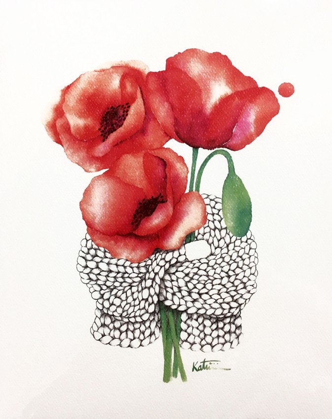 Affiche, Tricot fleurs coquelicots, de l'artiste Katrinn Pelletier, dimension : 10 x 8 po de largeur