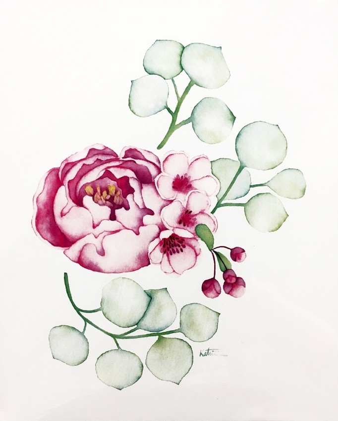 Affiche, Fleur pivoine Eucalyptus, de l'artiste Katrinn Pelletier, dimension : 10 x 8 po de largeur