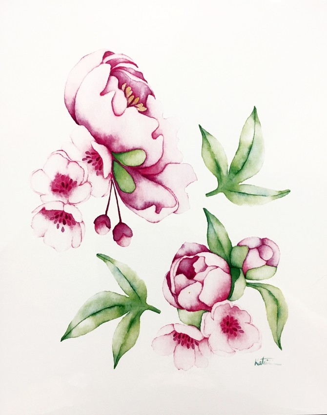 Affiche, Fleurs cerisier et pivoines, de l'artiste Katrinn Pelletier, dimension : 10 x 8 po de largeur