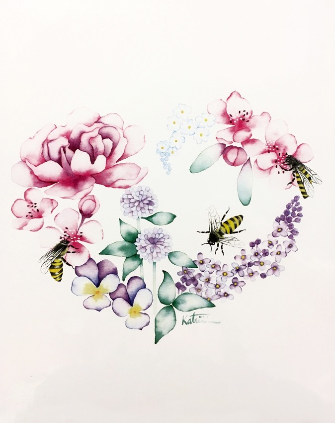 Affiche, Coeur floral Abeilles, de l'artiste Katrinn Pelletier, dimension : 10 x 8 po de largeur
