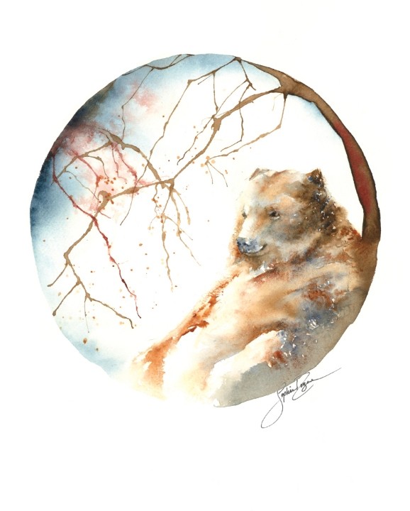 Affiche, --- L'ours et la forêt ---, de l'artiste Sophie Rozenn Boucher, dimension : 10 x 8 pouces de largeur, affiche prête à être encadrée