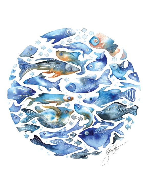 Affiche, --- La ronde des poissons bleus ---, de l'artiste Sophie Rozenn Boucher, dimension : 10 x 8 pouces de largeur, affiche prête à être encadrée
