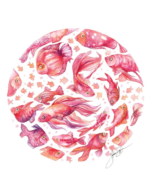Affiche, --- La ronde des poissons rouges ---, de l'artiste Sophie Rozenn Boucher, dimension : 10 x 8 pouces de largeur, affiche prête à être encadrée