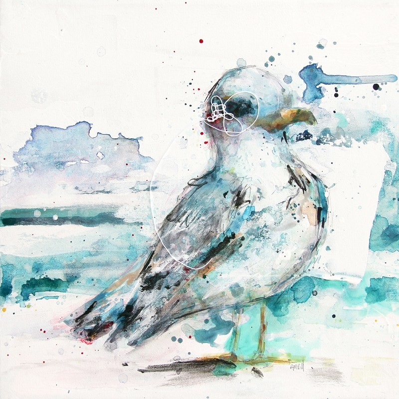 Carte de souhaits 5x5, -- Larry --, de l'artiste Anne-Marie Villeneuve, dimension : 5.25 x 5.25 pouces largeur, sans texte, avec enveloppe  Vous pouvez inscrire votre message à l'intérieur.  Carte vendue à l'unité
