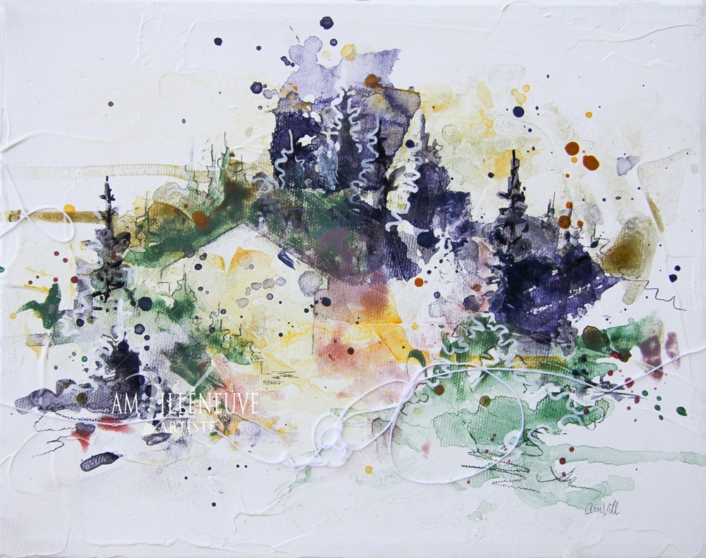 Refuge en montagne, de l'artiste Anne-Marie Villeneuve, Tableau, Acrylique, graphite et fils de coton sur toile galerie, Création unique, dimension : 8 x 10 po de largeur