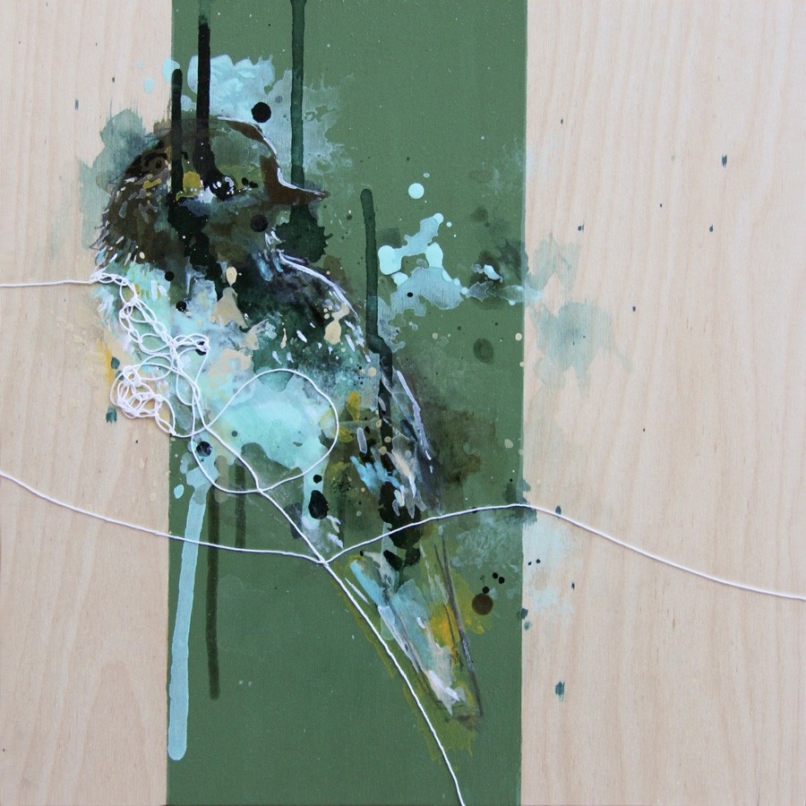 Après la pluie, de l'artiste Anne-Marie Villeneuve, Tableau, Acrylique, graphite et fils de coton sur bois, Création unique, dimension : 12 x 12 po de largeur